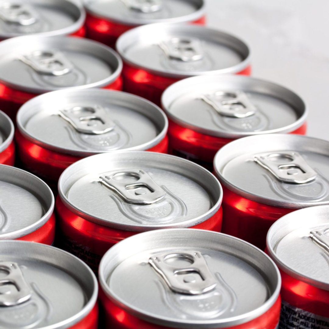 A closeup shot of many metal cans side by side